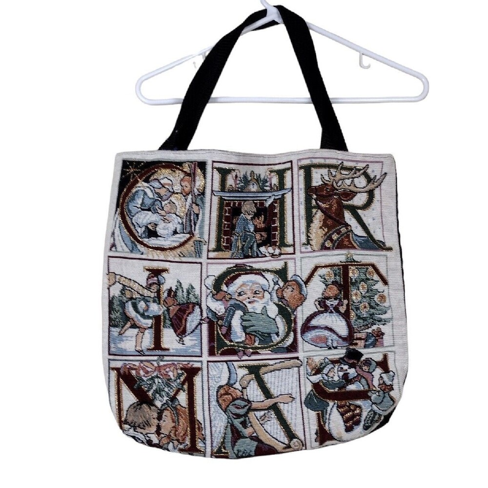 Christmas Tapestry Tote Bag Pockets Holiday Crafts Books Santa Snowman 16x16